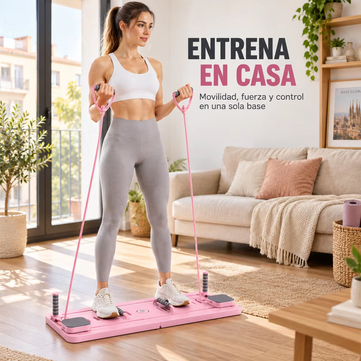 Foldable Pilates Reformer for Home, 8 in 1 Multifunctional Pilates Board with Elastic Bands, Handles and Supports, Equipment for Core, Abdomen, Arms, Legs, Buttocks and Full Body Training